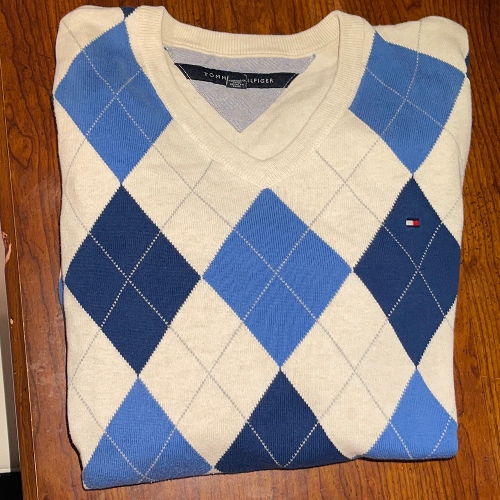 Tommy Hilfiger Blue and Beige Argyle Sweater